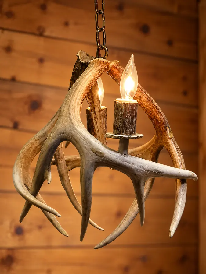 Woodland Two-Light Antler Pendant in a rustic cabin