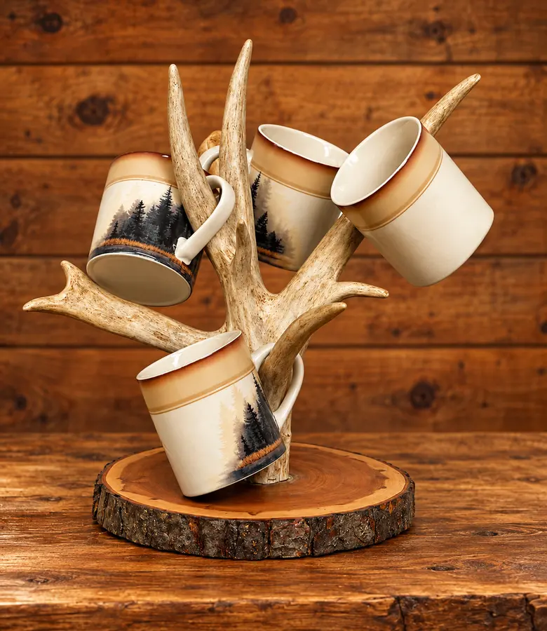 Whitetail Coffee Branch Mug Stand in a rustic cabin