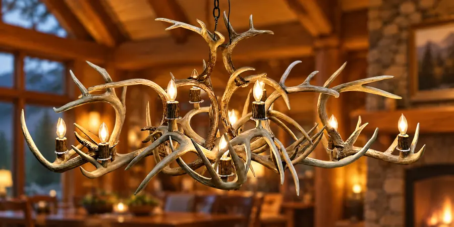 Long Oval Ten-Light Antler Chandelier in a rustic cabin