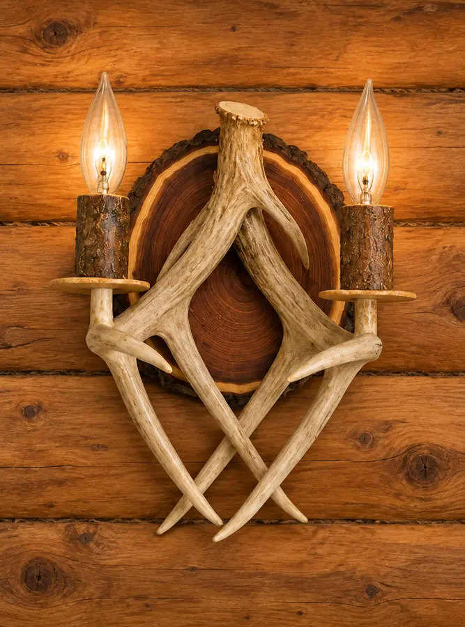 Timbercrest Antler Wall Sconce in a rustic cabin