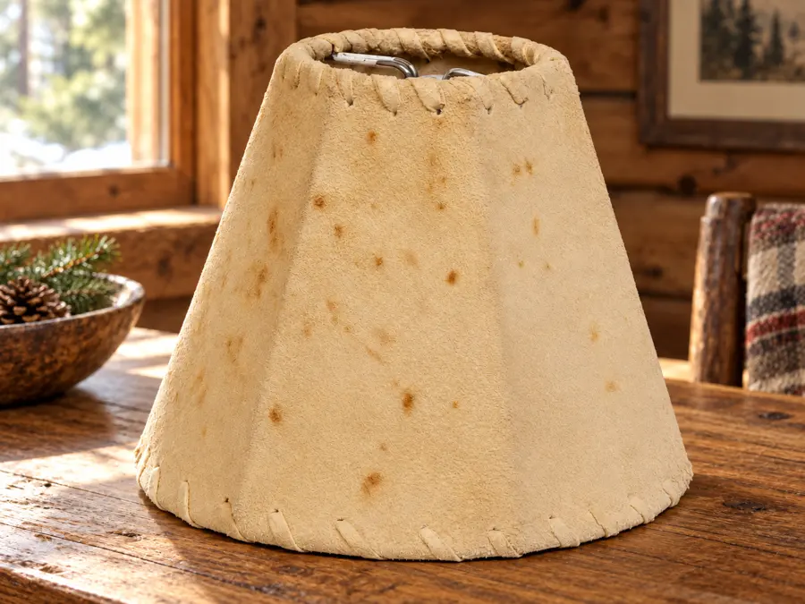 Sheepskin Mini Shade with Leather Lacing in a rustic cabin