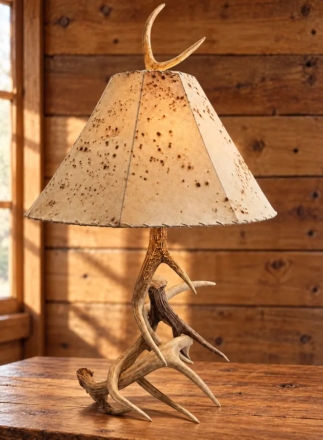 Woodland Three-Antler Table Lamp and Shade in a rustic cabin