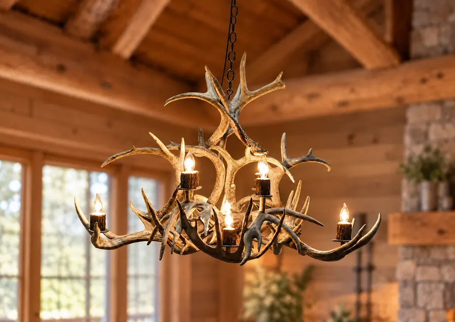 Pine Hollow Oval Antler Chandelier in a rustic cabin
