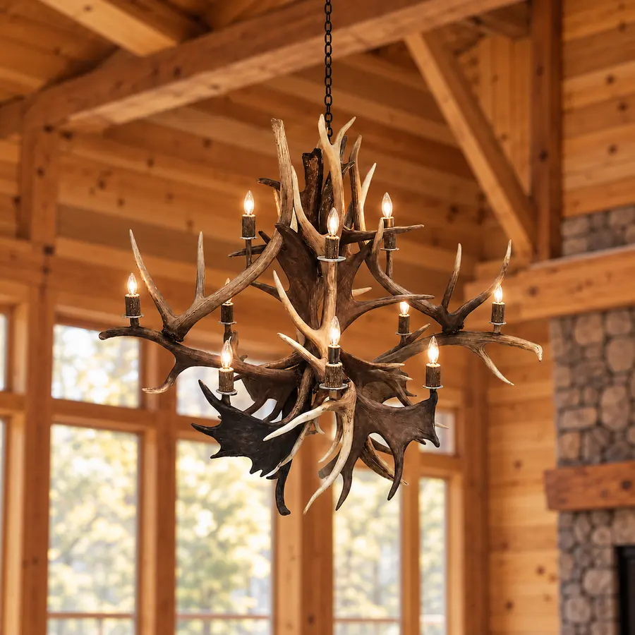 Timber Crown Moose & Elk Chandelier in a rustic cabin