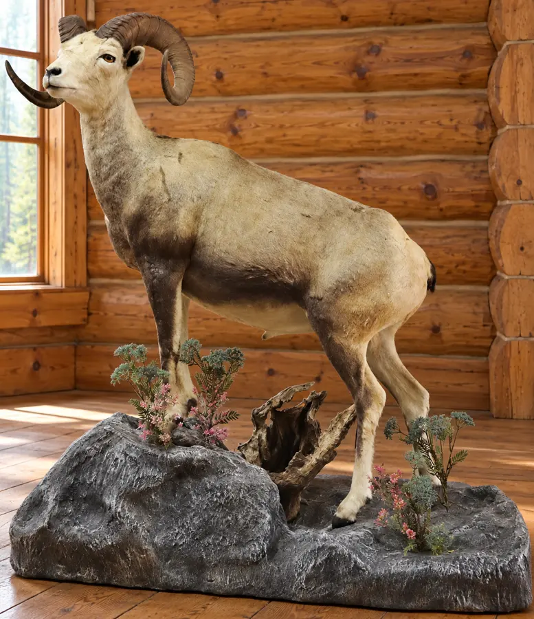 Stonecrest Lifesize Stone Sheep Display in a rustic cabin
