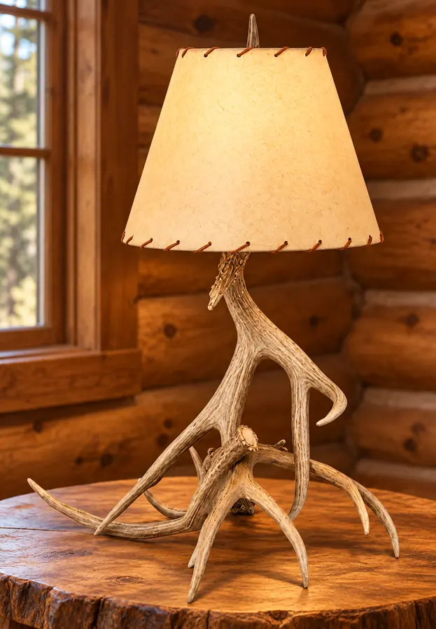 Mule Deer Branch Table Lamp in a rustic cabin