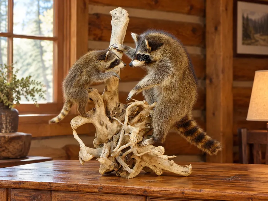 Driftwood Climbing Raccoon Duo in a rustic cabin