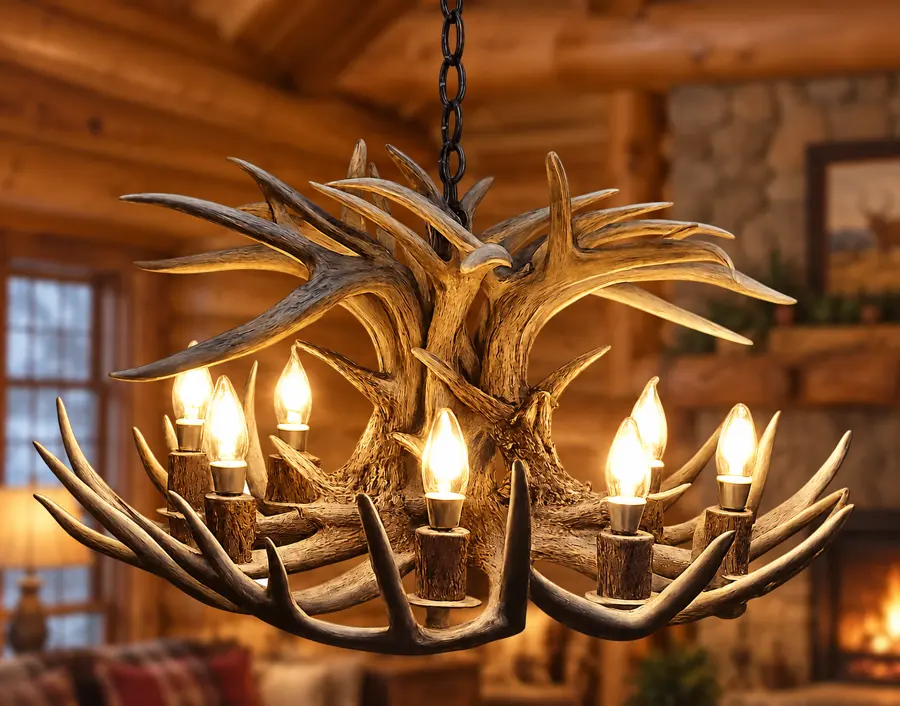 Woodland Crown Eight-Light Chandelier in a rustic cabin