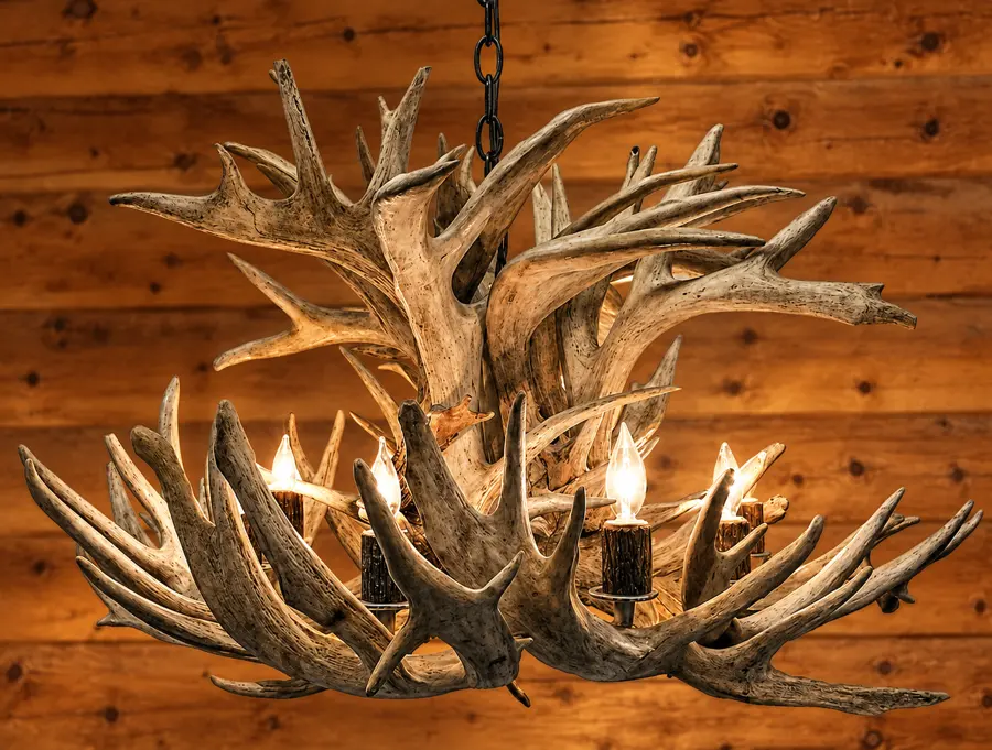 Grand Grove Antler Downlight Chandelier in a rustic cabin