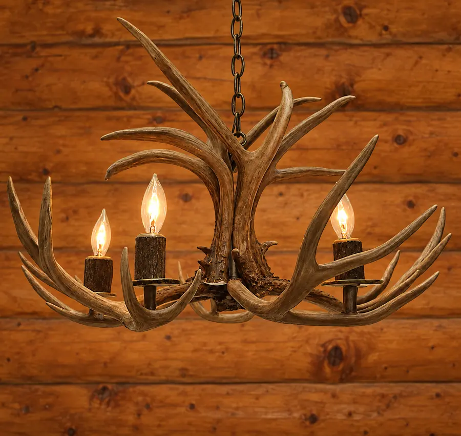 Juniper Five-Light Antler Chandelier in a rustic cabin