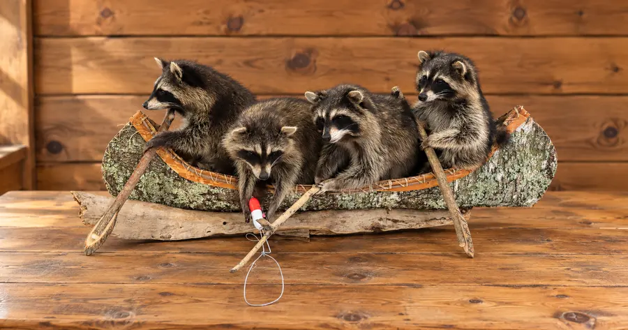 Four Raccoon Fishing Canoe Display in a rustic cabin