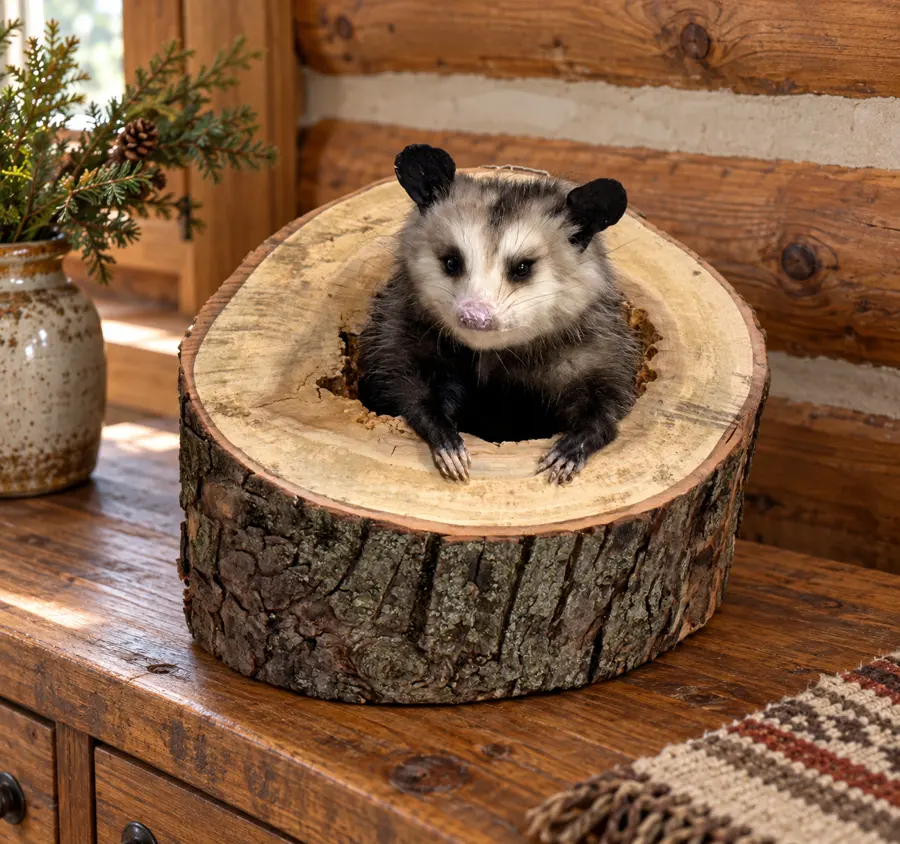 Hollow Timber Opossum Log Display in a rustic cabin