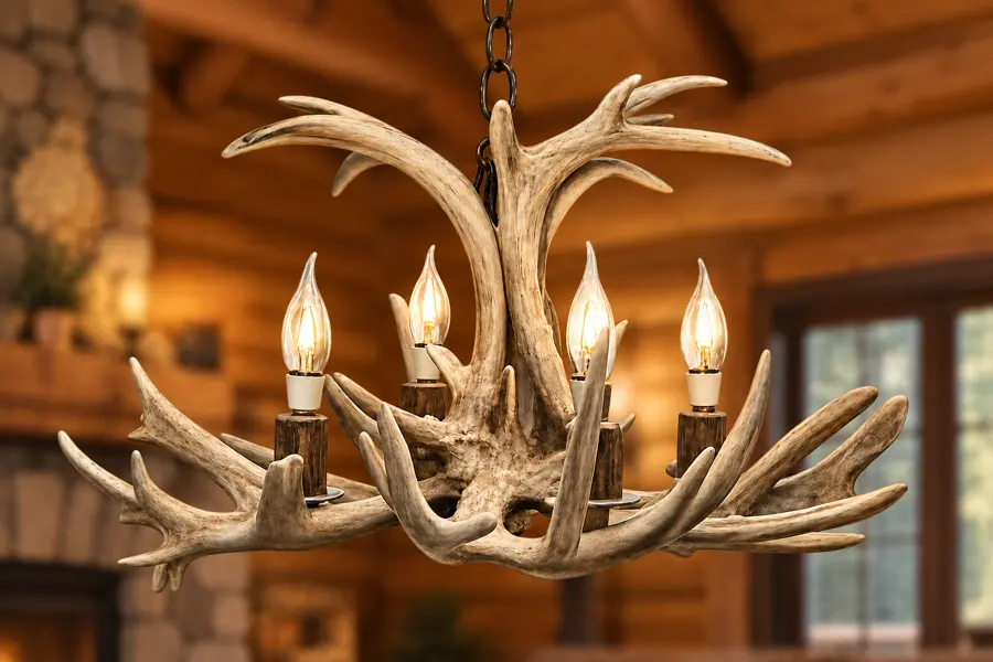 Fireball Four-Light Antler Chandelier in a rustic cabin