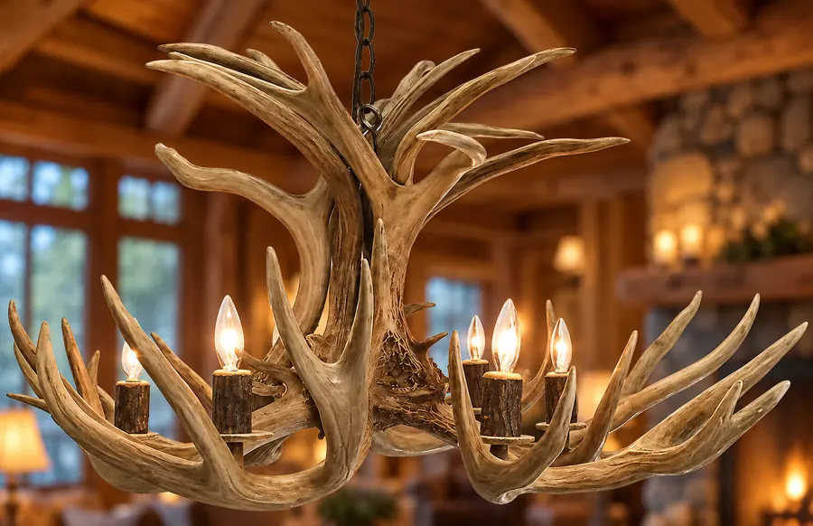 Mule Deer Canopy Six-Light Chandelier in a rustic cabin