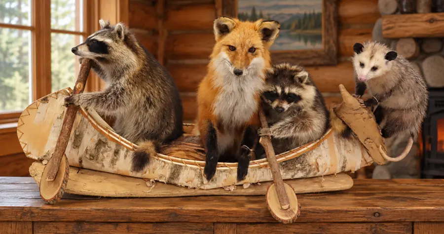 Woodland Voyage Four-Animal Canoe Display in a rustic cabin