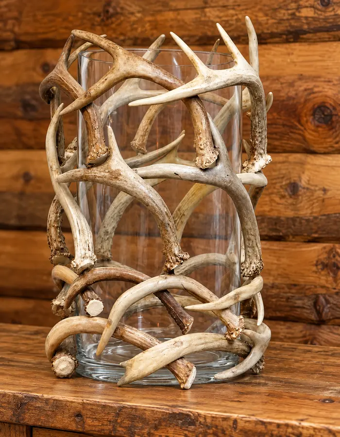 Whitetail Lattice Glass Vase in a rustic cabin