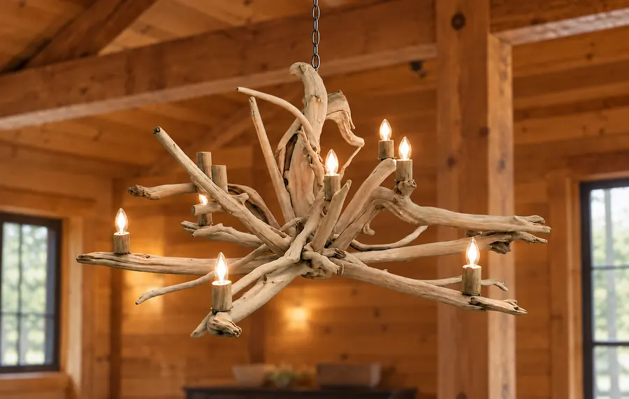 Superior Shore Driftwood Chandelier in a rustic cabin
