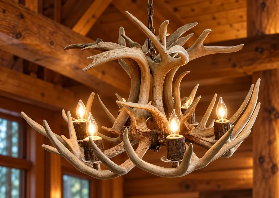 Whitetail Grove Six-Light Chandelier in a rustic cabin