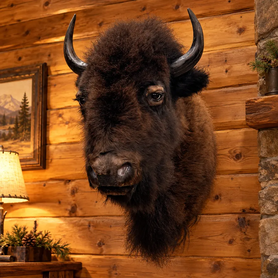 Prairie Crest Bison Shoulder Mount in a rustic cabin