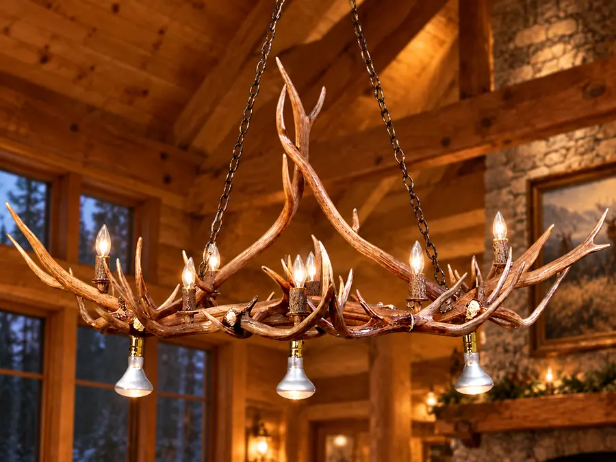 Timber Span Antler Island Light in a rustic cabin