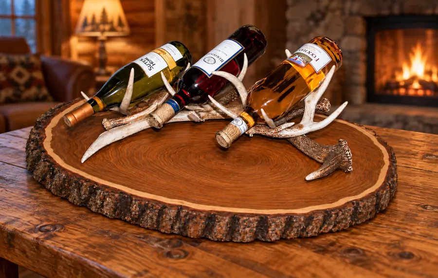 Antler Cradle Three-Bottle Holder in a rustic cabin