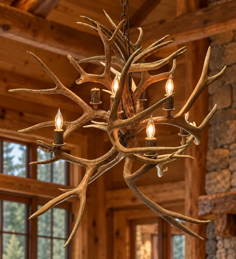 Mule Deer Hearth Six-Light Chandelier in a rustic cabin