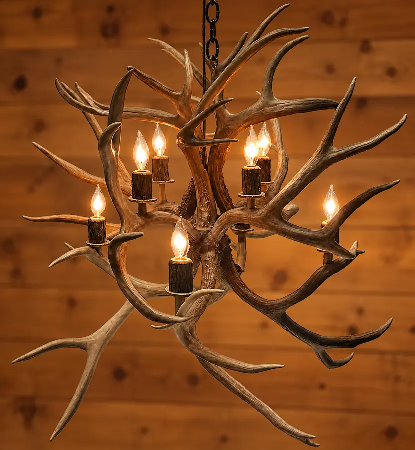 Mule Deer Eight-Light Antler Globe Chandelier in a rustic cabin