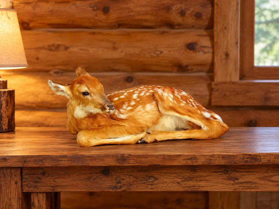Spotted Woodland Fawn Mount in a rustic cabin