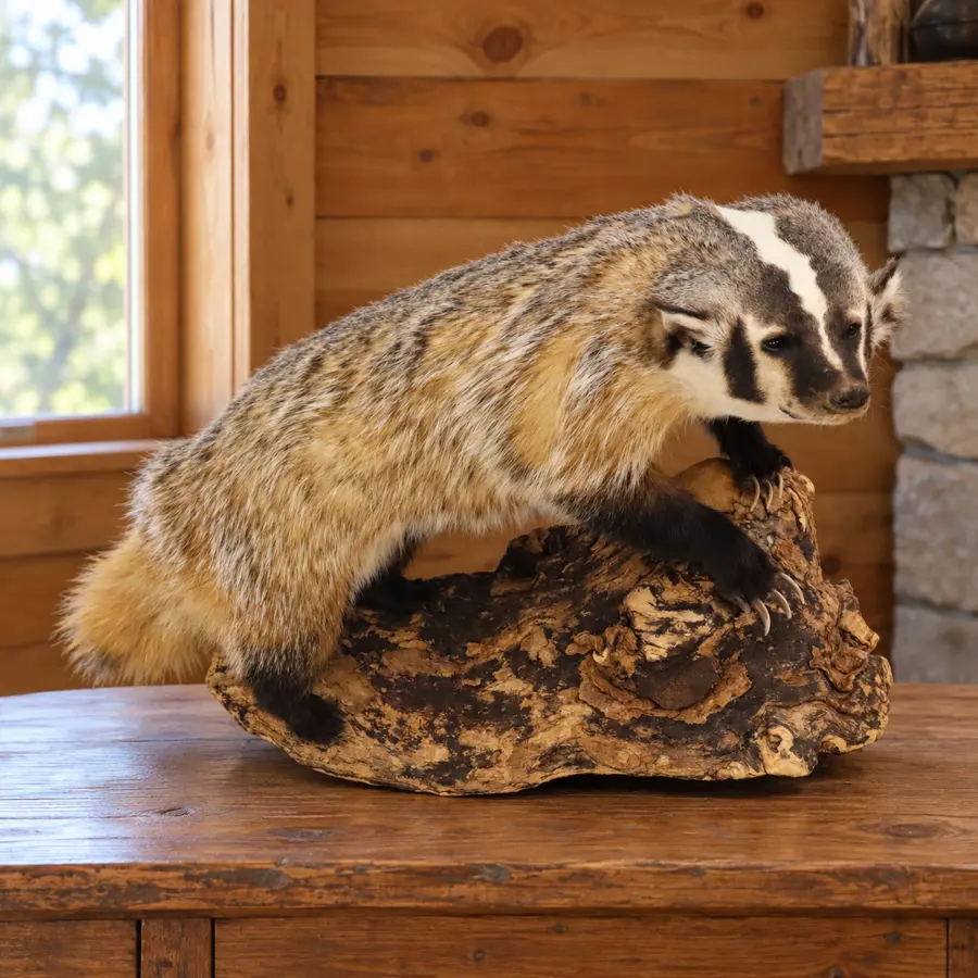 Cedar Bluff American Badger on Driftwood in a rustic cabin
