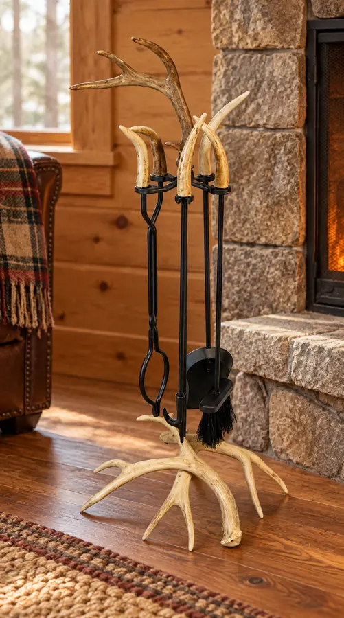 Mule Deer Antler Hearth Tool Stand in a rustic cabin
