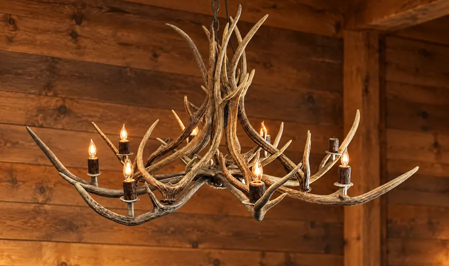 Axis Ridge Single-Tier Antler Chandelier in a rustic cabin