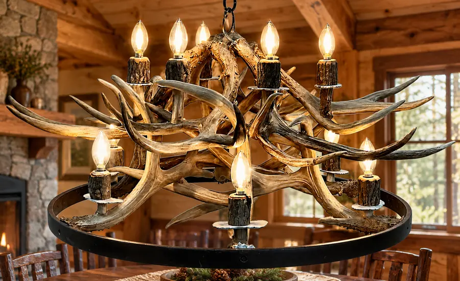 Wagon Rim Mule Deer Chandelier — 12 Light in a rustic cabin