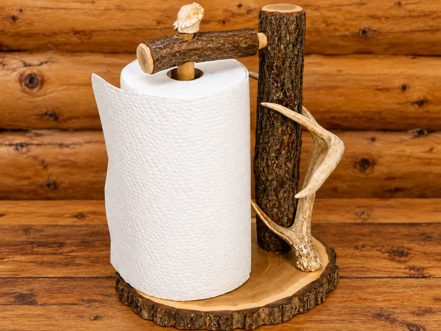 Timberbend Paper Towel Stand in a rustic cabin