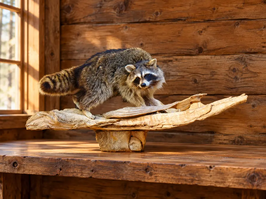 Timber Trail Raccoon Mount in a rustic cabin
