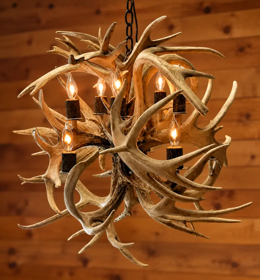 Whitetail Ten-Light Antler Globe Chandelier in a rustic cabin