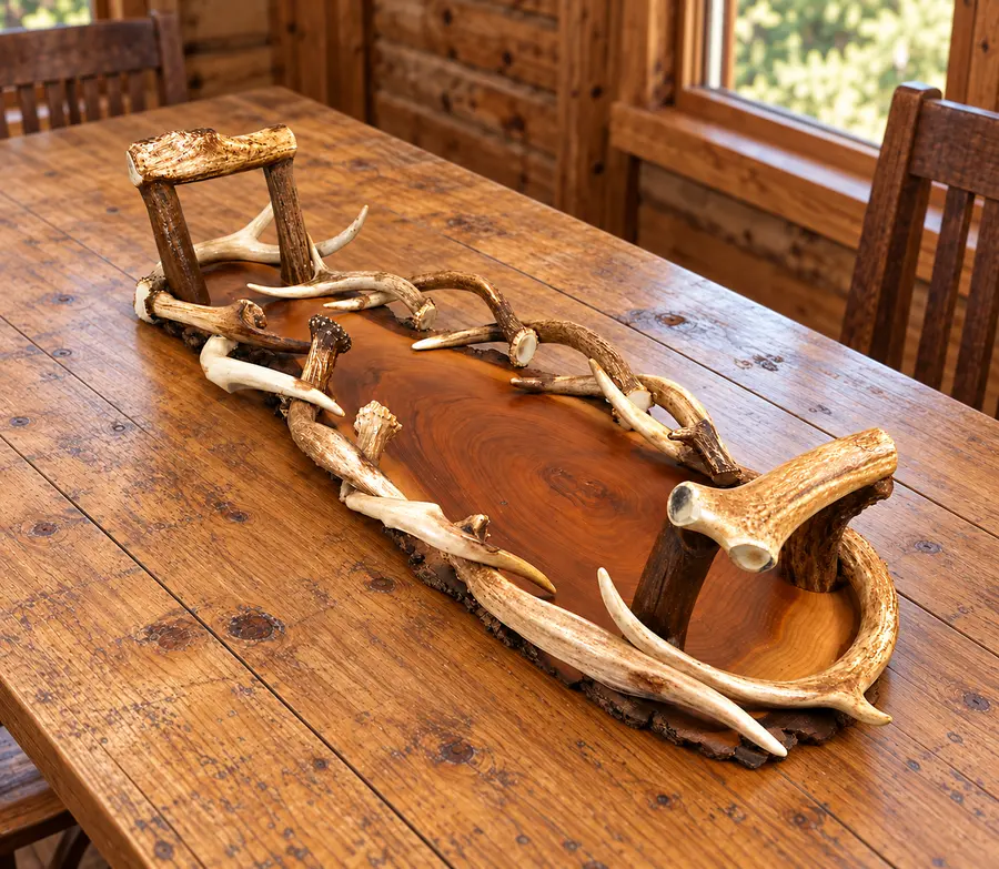 Black Walnut Antler Serving Tray in a rustic cabin