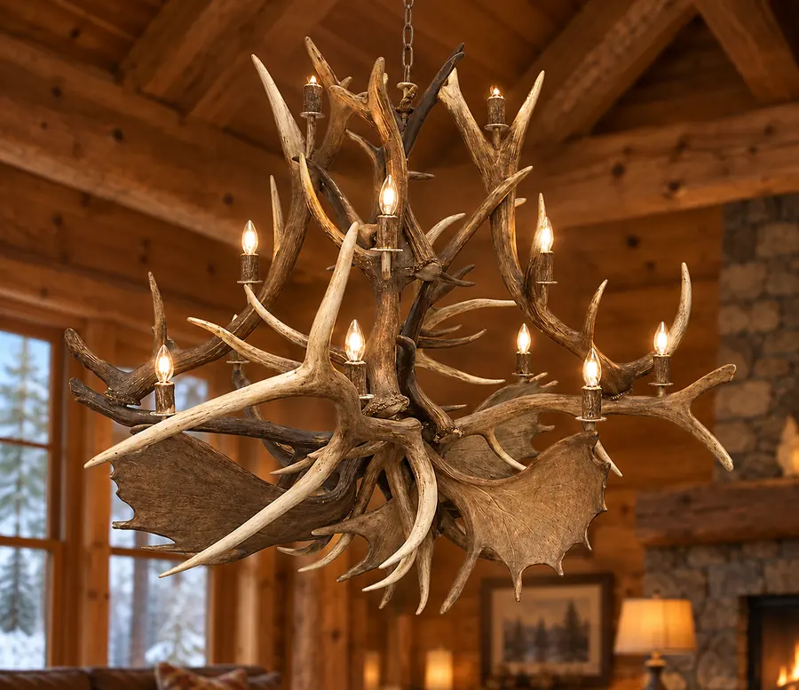 Grand Paddle Twelve-Light Chandelier in a rustic cabin