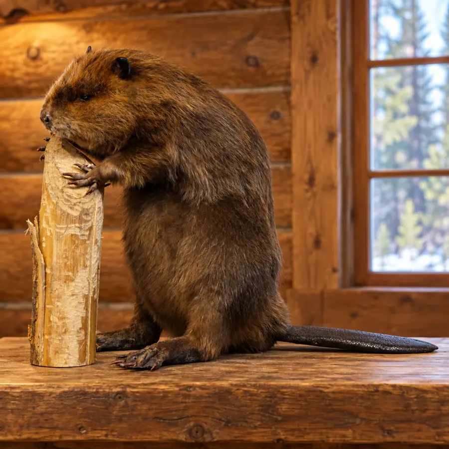Cedar Creek Beaver Chewing Log Mount in a rustic cabin
