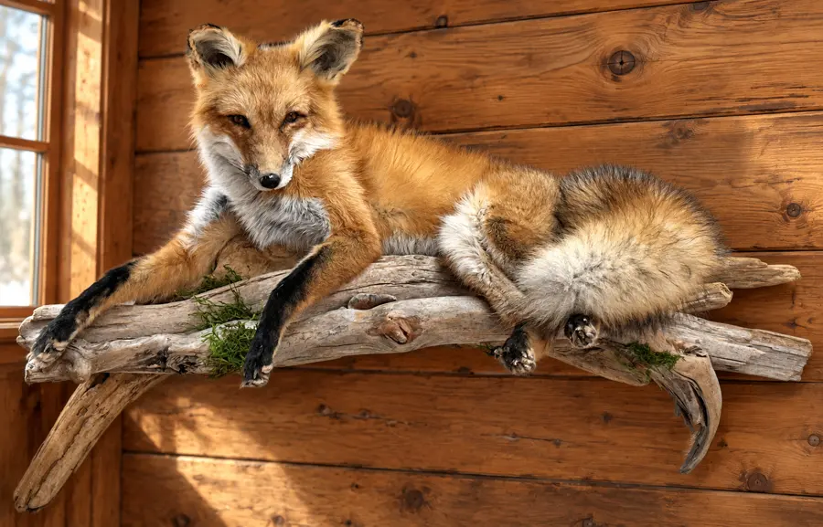 Autumn Ledge Reclining Red Fox Mount in a rustic cabin