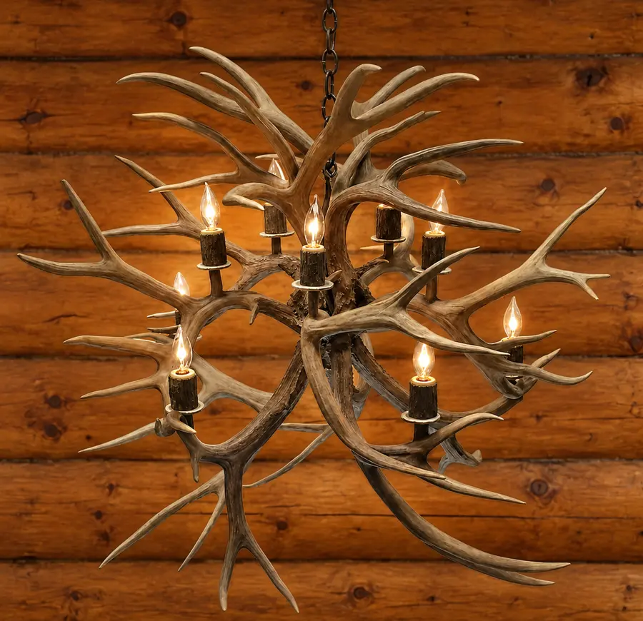 Mountain Spark Eight-Light Chandelier in a rustic cabin