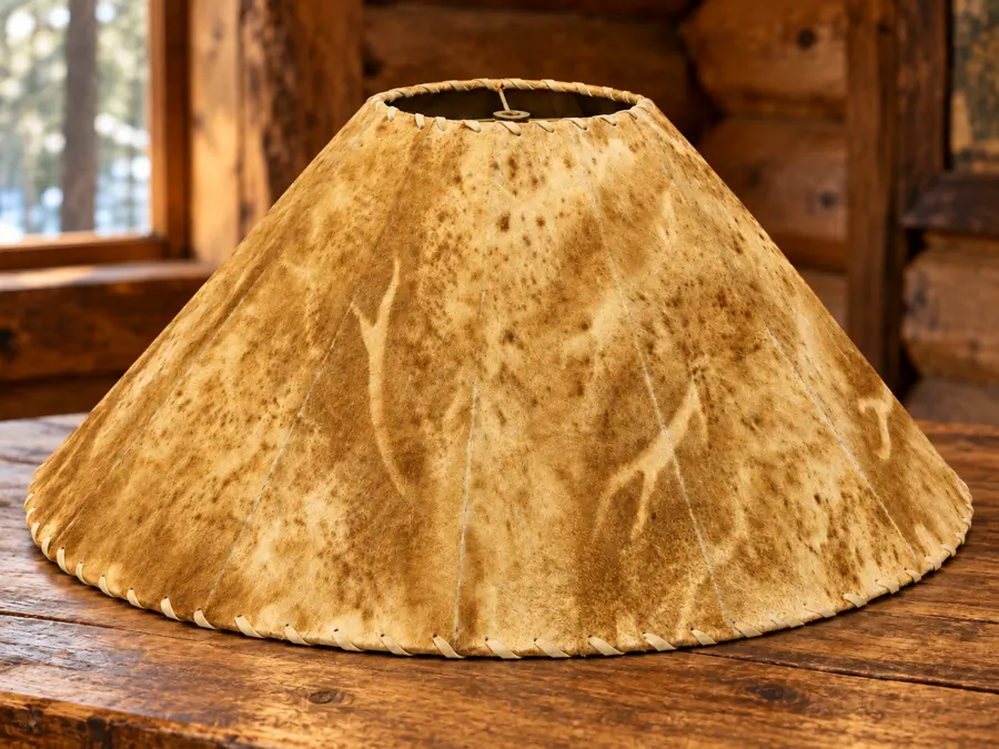 Sheepskin Laced Wide Lamp Shade in a rustic cabin