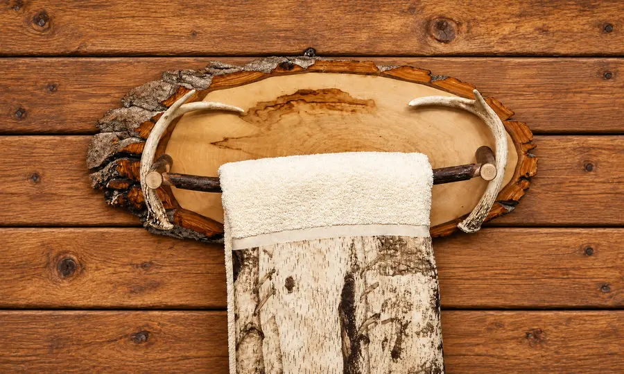 Live-Edge Antler Towel Bar in a rustic cabin