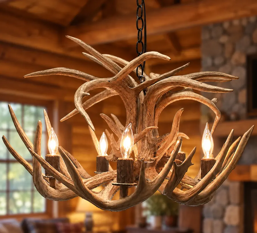 Forest Canopy Five-Light Chandelier in a rustic cabin
