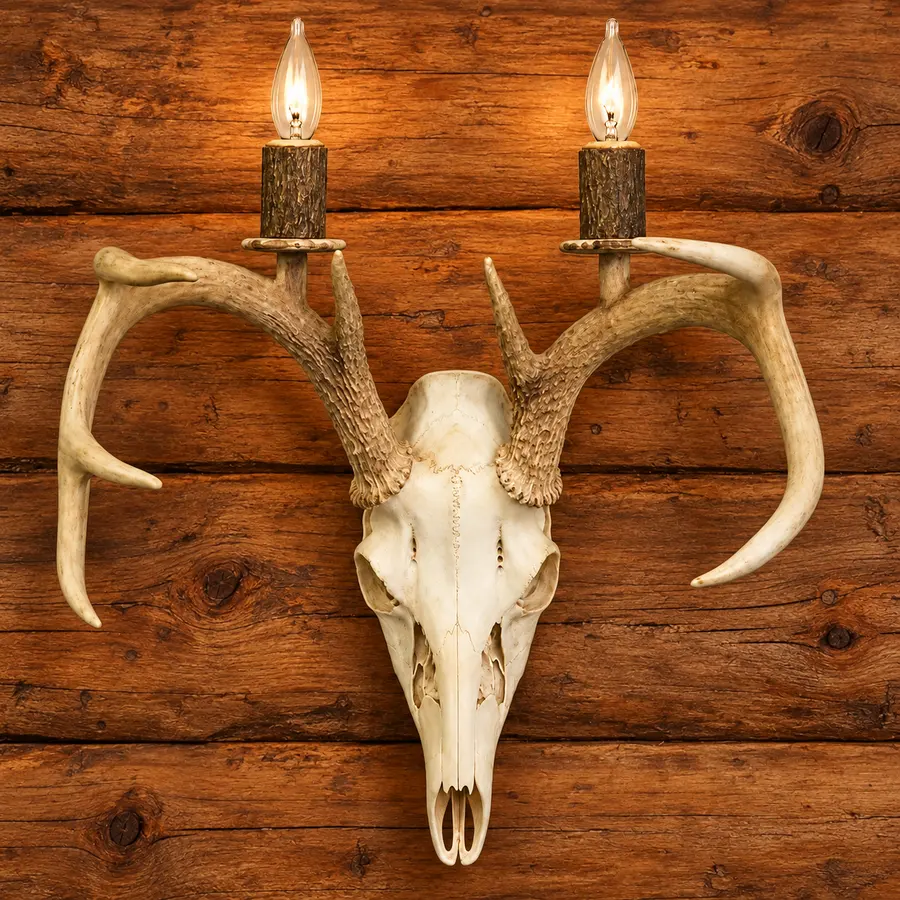 Whitetail Skull Twin Wall Light in a rustic cabin