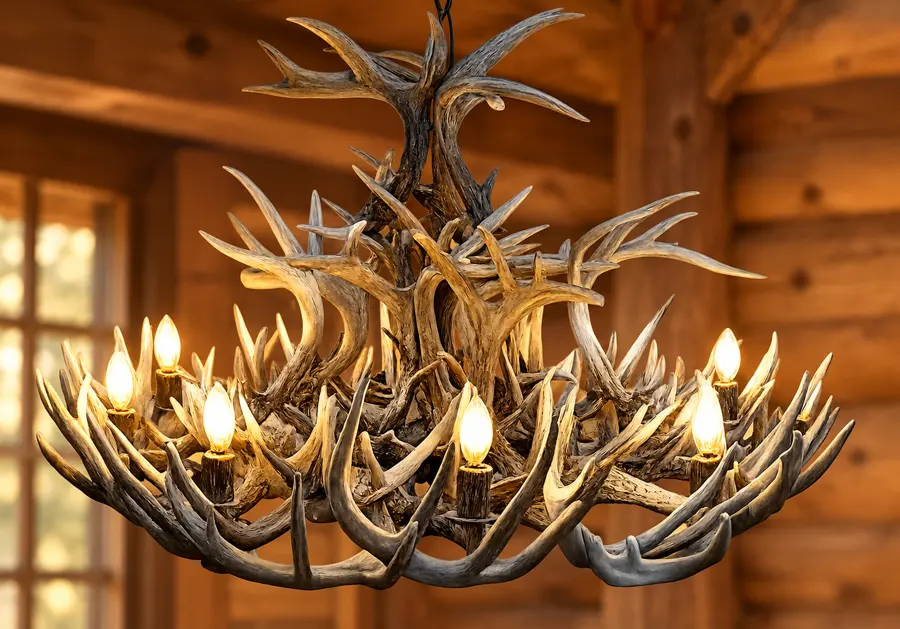 Cascading Woodland Ten-Light Chandelier in a rustic cabin