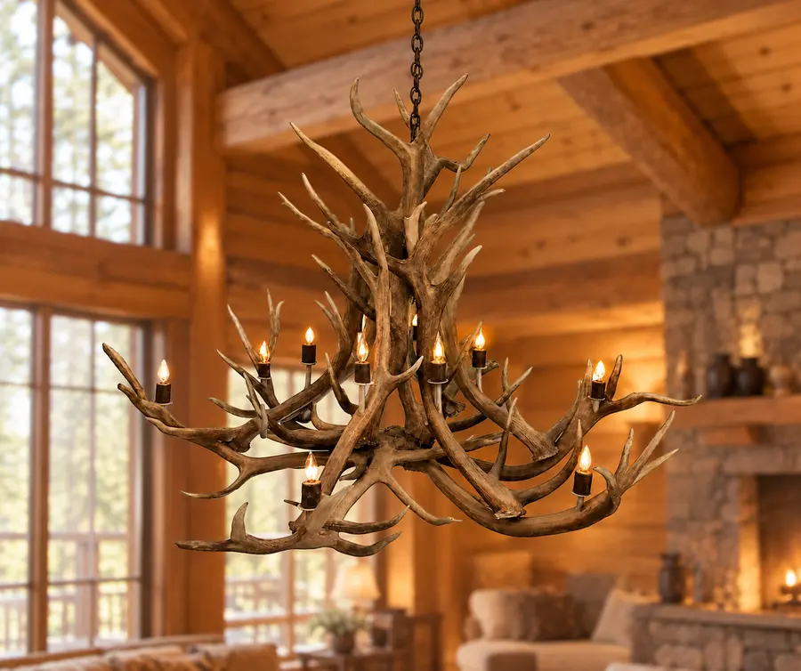 Northlight 84-Inch Elk Chandelier in a rustic cabin