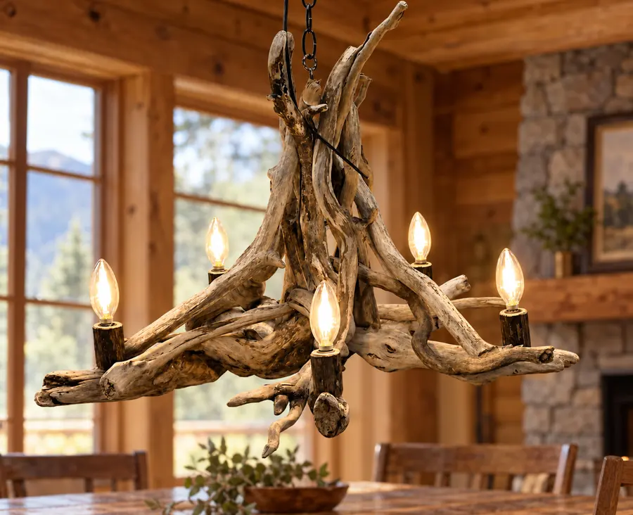 Driftwood Canopy Chandelier — 5 Light in a rustic cabin
