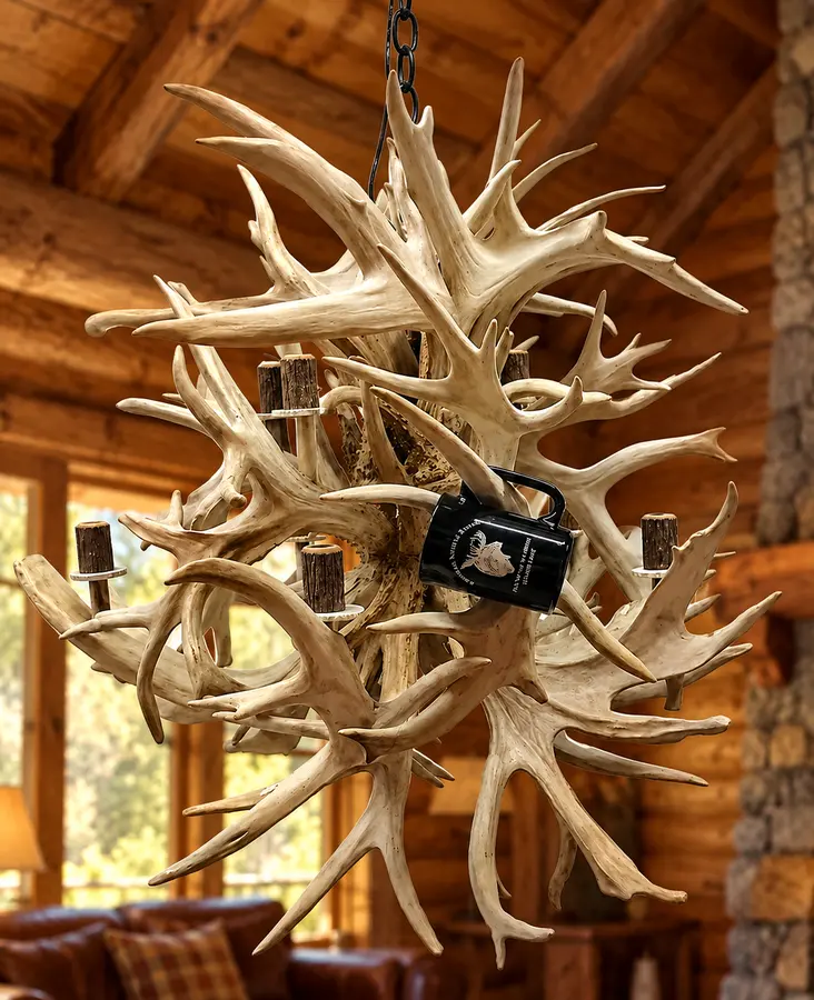 Whitetail Thicket Antler Chandelier in a rustic cabin