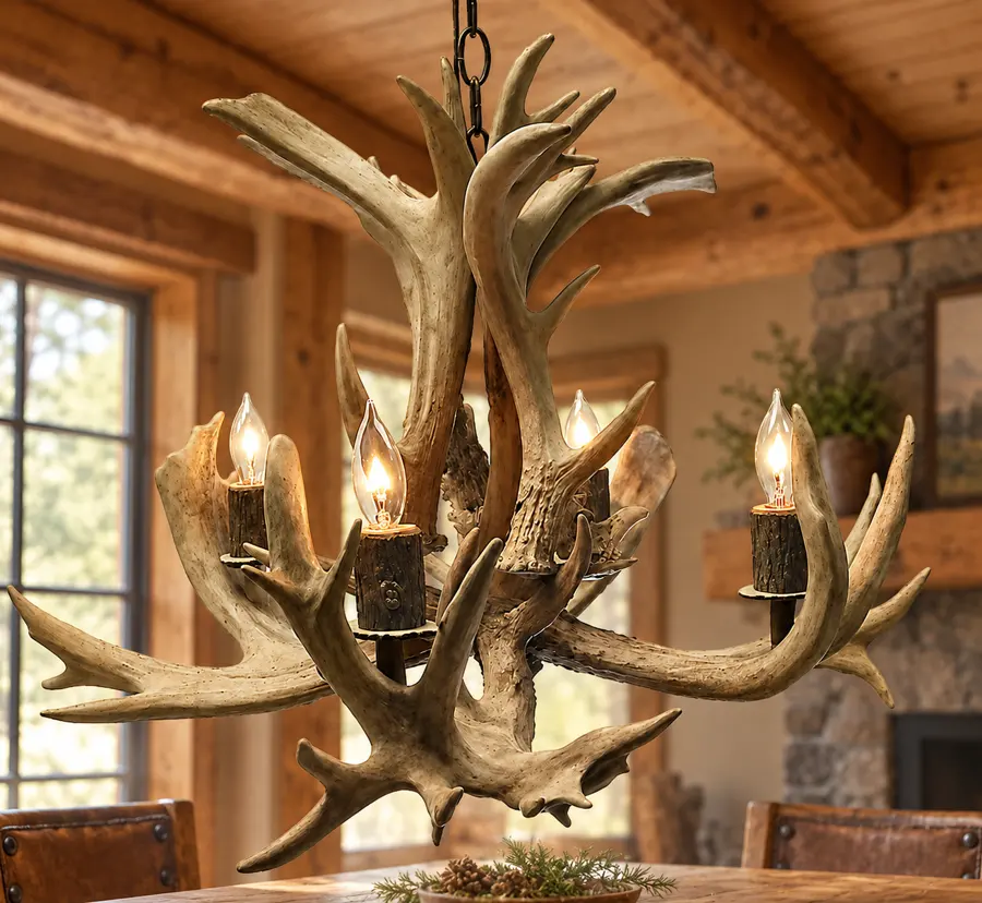 Tamarack Whitetail Chandelier — 4 Light in a rustic cabin