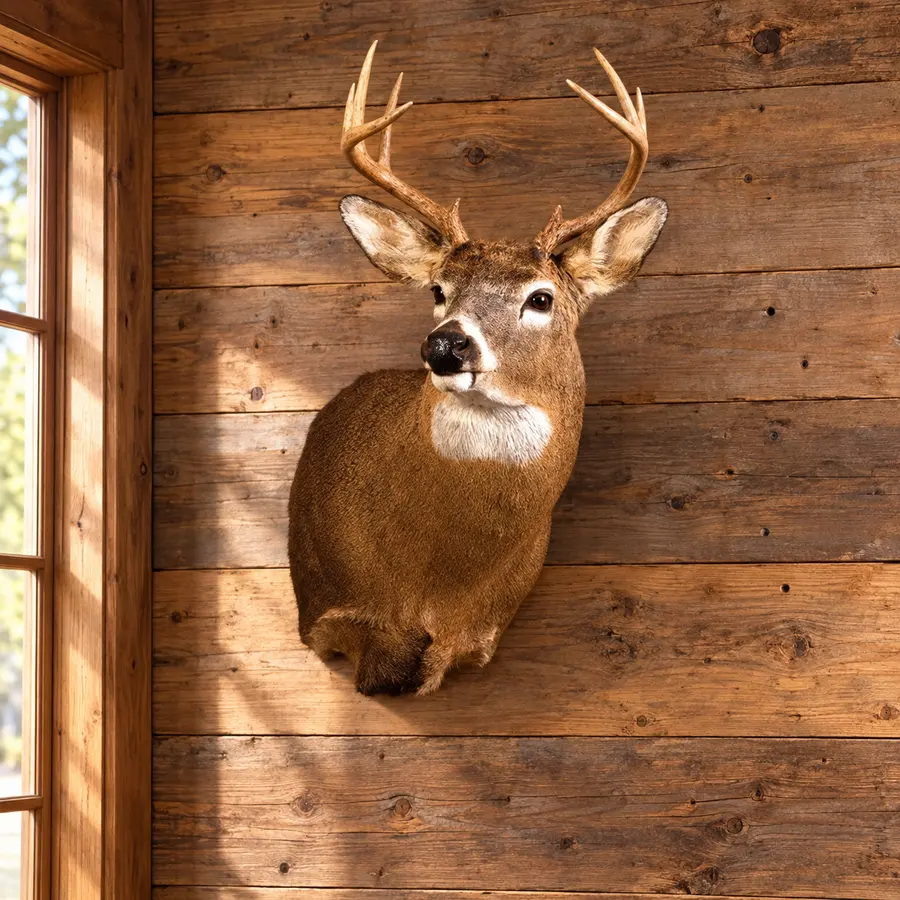 Ridgeline Whitetail Shoulder Mount in a rustic cabin